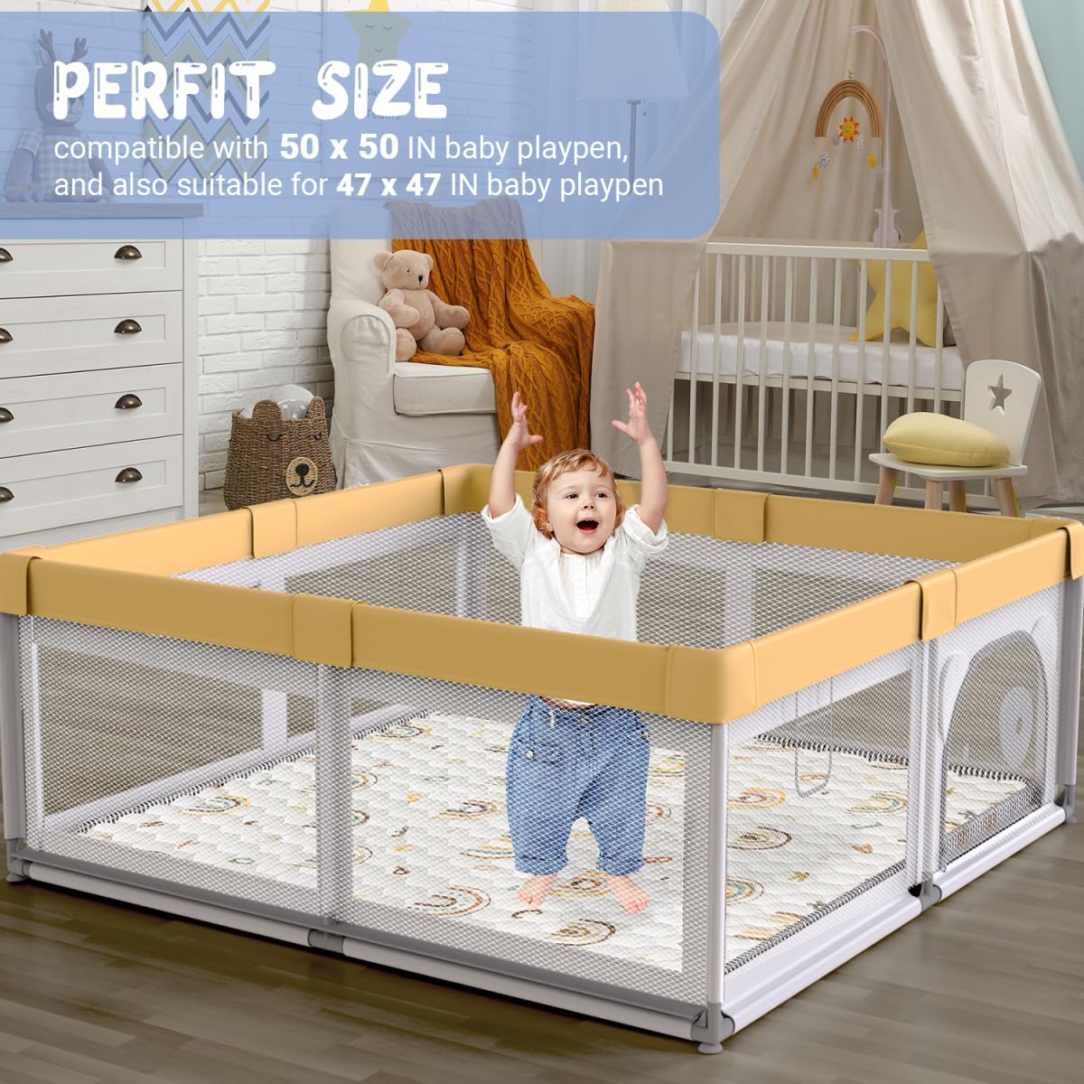 Boho Rainbow Baby Play Mat 50" X 50" Playpen Mat Thicken One-Piece Baby Crawling Mat Non-Slip