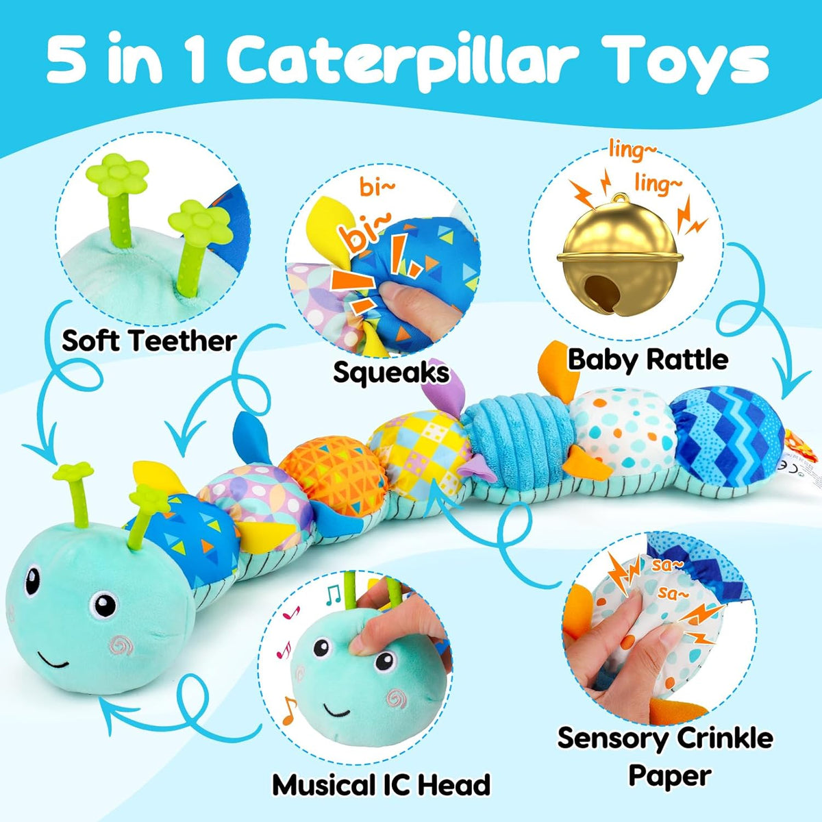 Baby Tummy Time Toys 0-6 Month Musical Stuffed Animal Plush Caterpillar Toy for Infant 6-12 Month