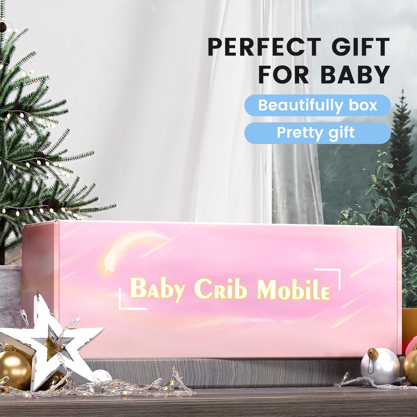 FEISIKE Crib Mobile for Girls Baby Mobiles with 3 Modes Digital Music Box（Turn Only, Music Only