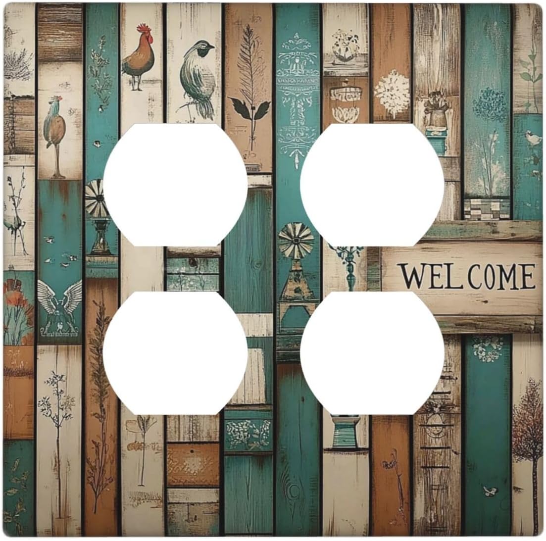 Outlet Covers Vintage Wood Brown Turquoise Splicing 2 Gang Double Duplex Decorative Light Switch
