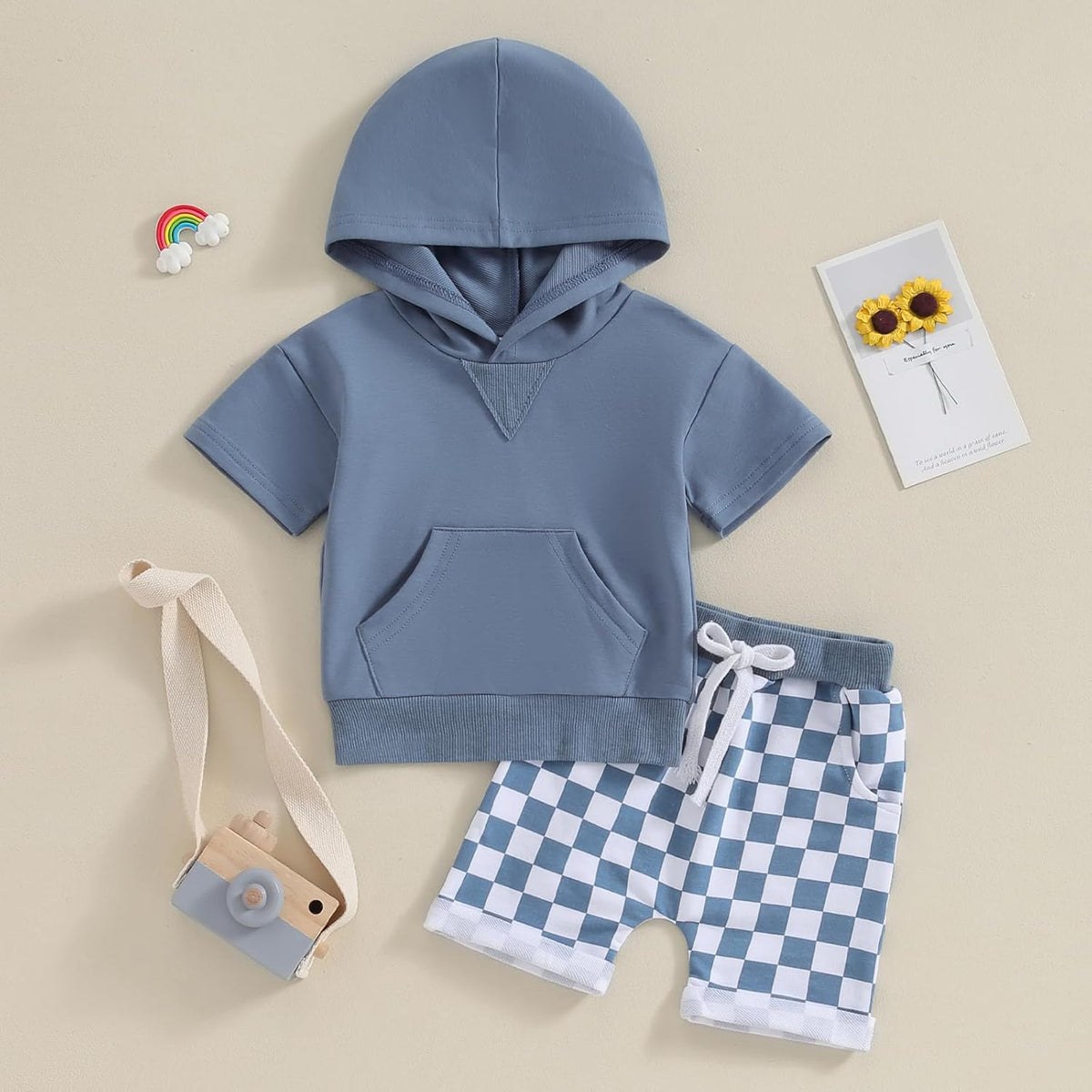 Toddler Baby Boy Summer Hooded Outfit Contrast Color Short Sleeve T Shirt Top Elastic Shorts Summer