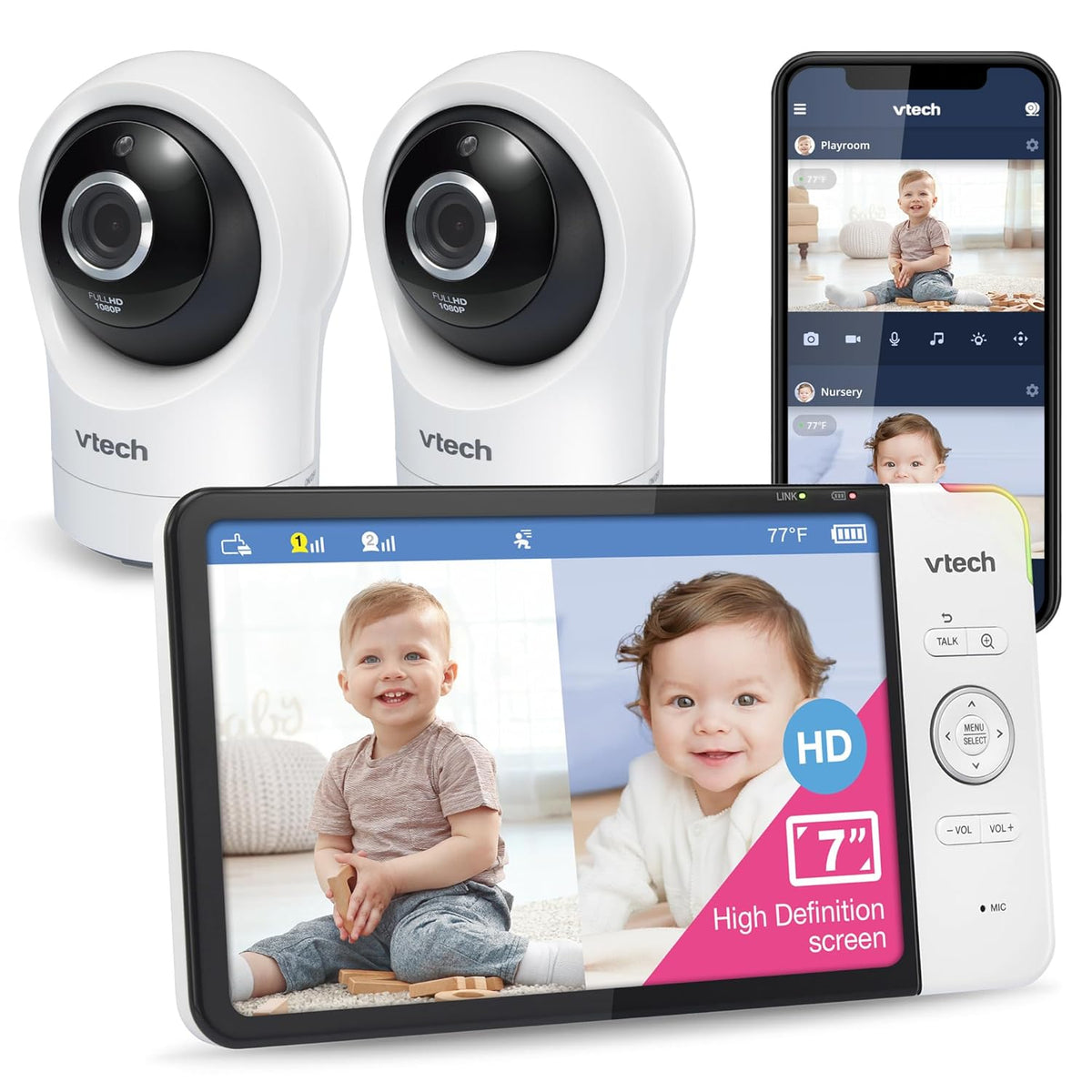 VTech RM7764-2HD Smart WiFi 2 Camera BabyMonitor, 360° Pan&Tilt, 10X Zoom, 7” HD Display &