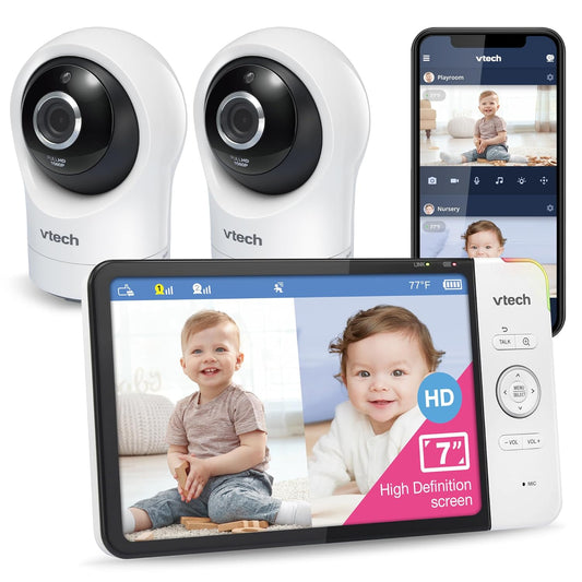 VTech RM7764-2HD Smart WiFi 2 Camera BabyMonitor, 360° Pan&Tilt, 10X Zoom, 7” HD Display &