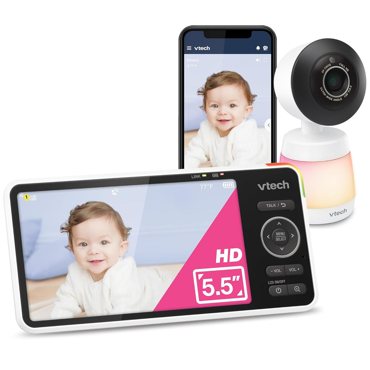 VTech Smart WiFi Baby Monitor, 2K CMOS Sensor Camera, 5.5-inch HD IPS Screen, Clear Infrared Night