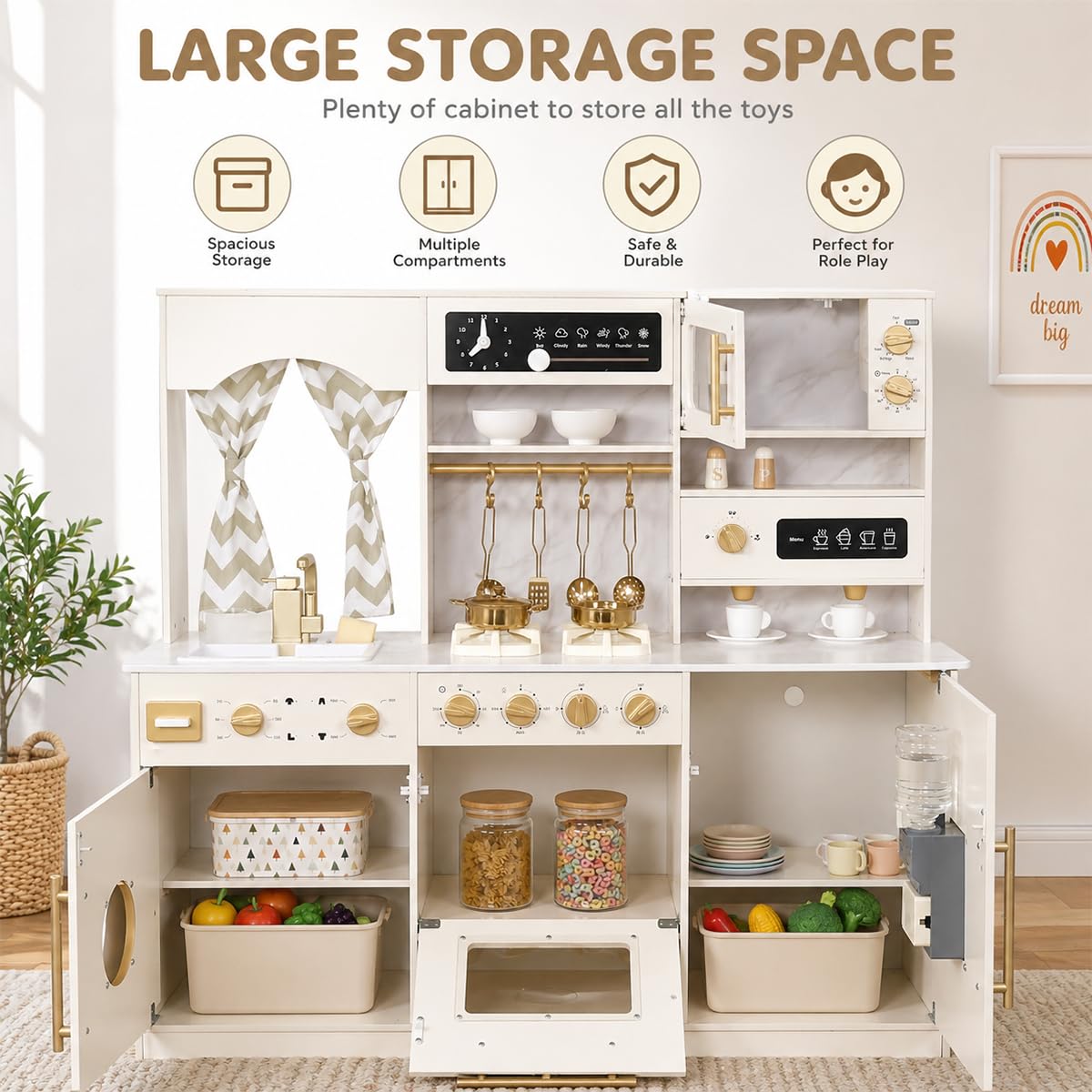 Wooden Play Kitchen Set with Ice Maker, Water Dispenser, Coffee Maker,Big Toddler Toy Kitchens