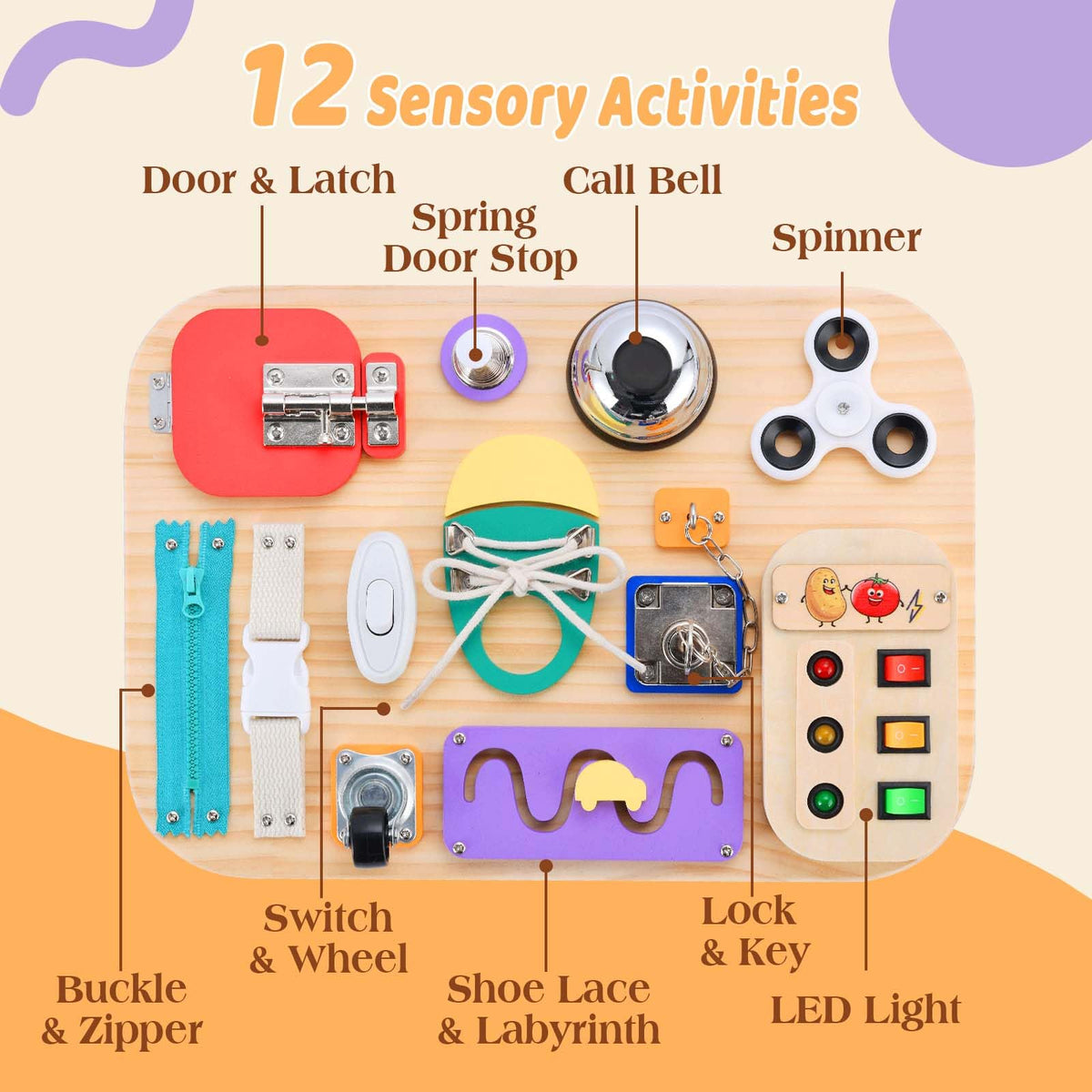 Potatomato Montessori Busy Board - Wooden Sensory Toys for Toddlers -Activity Board Toys for Fine