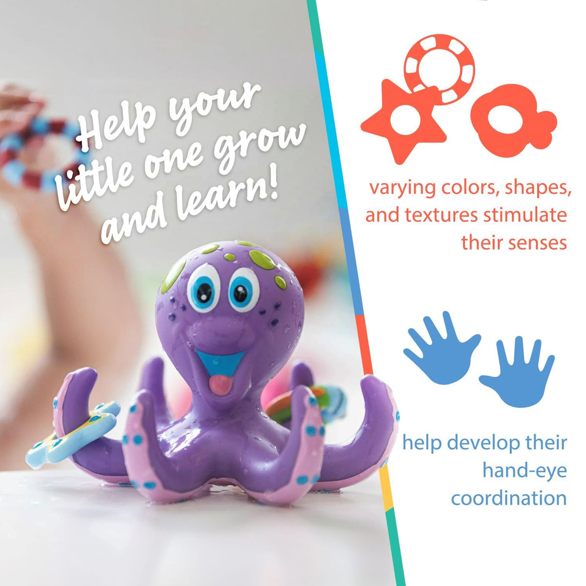 Nuby Floating Octopus with 3 Hoopla Rings - Baby & Toddler Bath Toy - No Hole Design Keeps Moisture