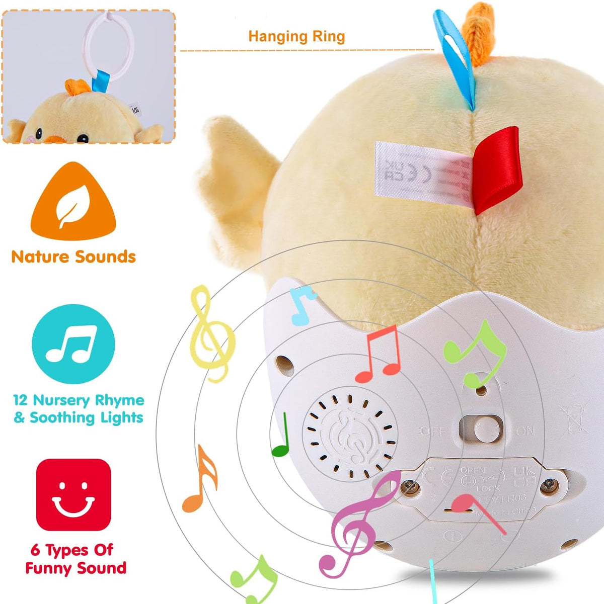 Baby Toys 0-6-12 Months, Chick Musical Plush Cute Stuffed Animal Infant Tummy Toys with Light &