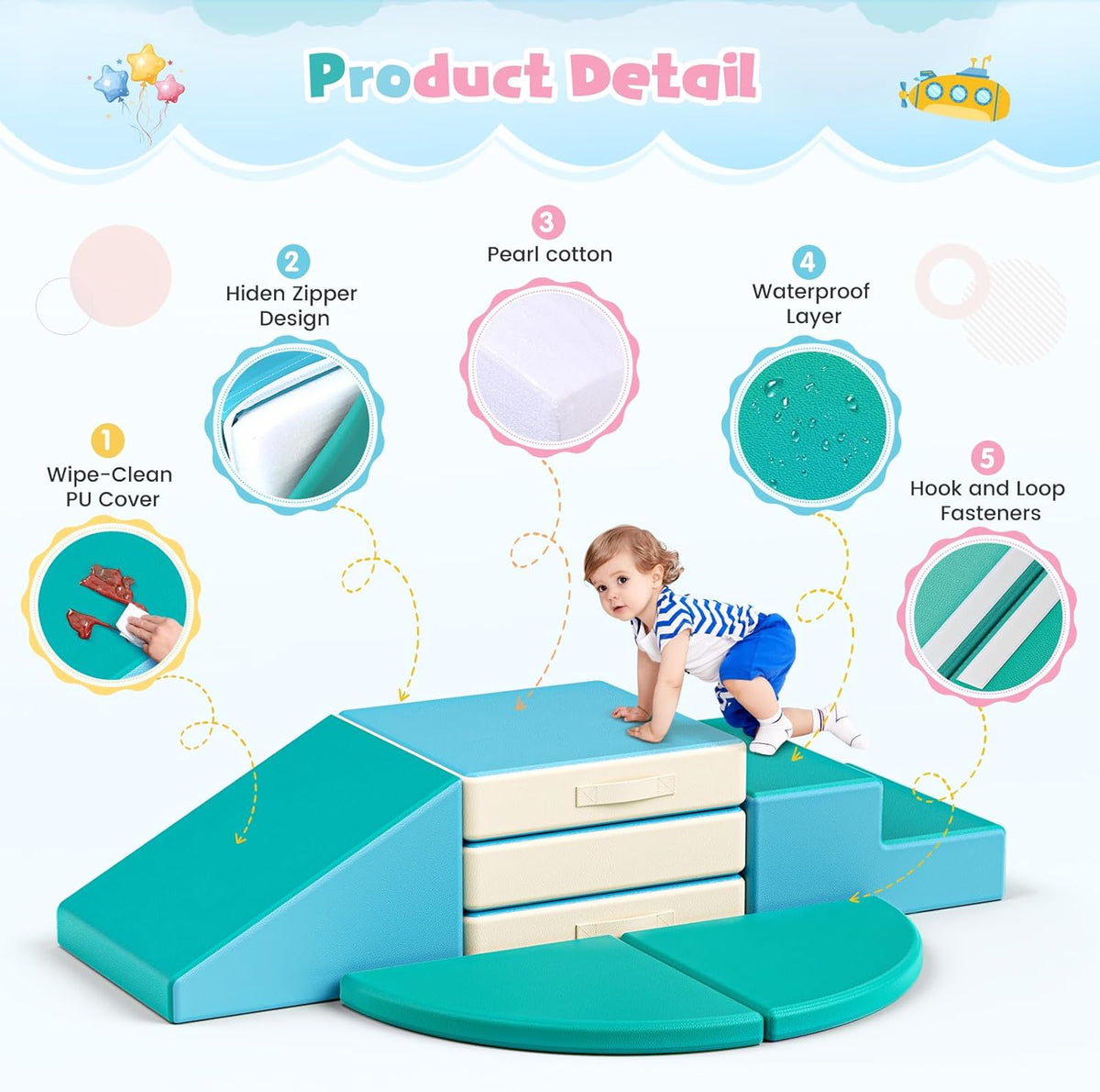 Lischwert Foam Climbing Blocks for Toddlers 1-3, 5pcs Foldable Soft Play Set with Crawling
