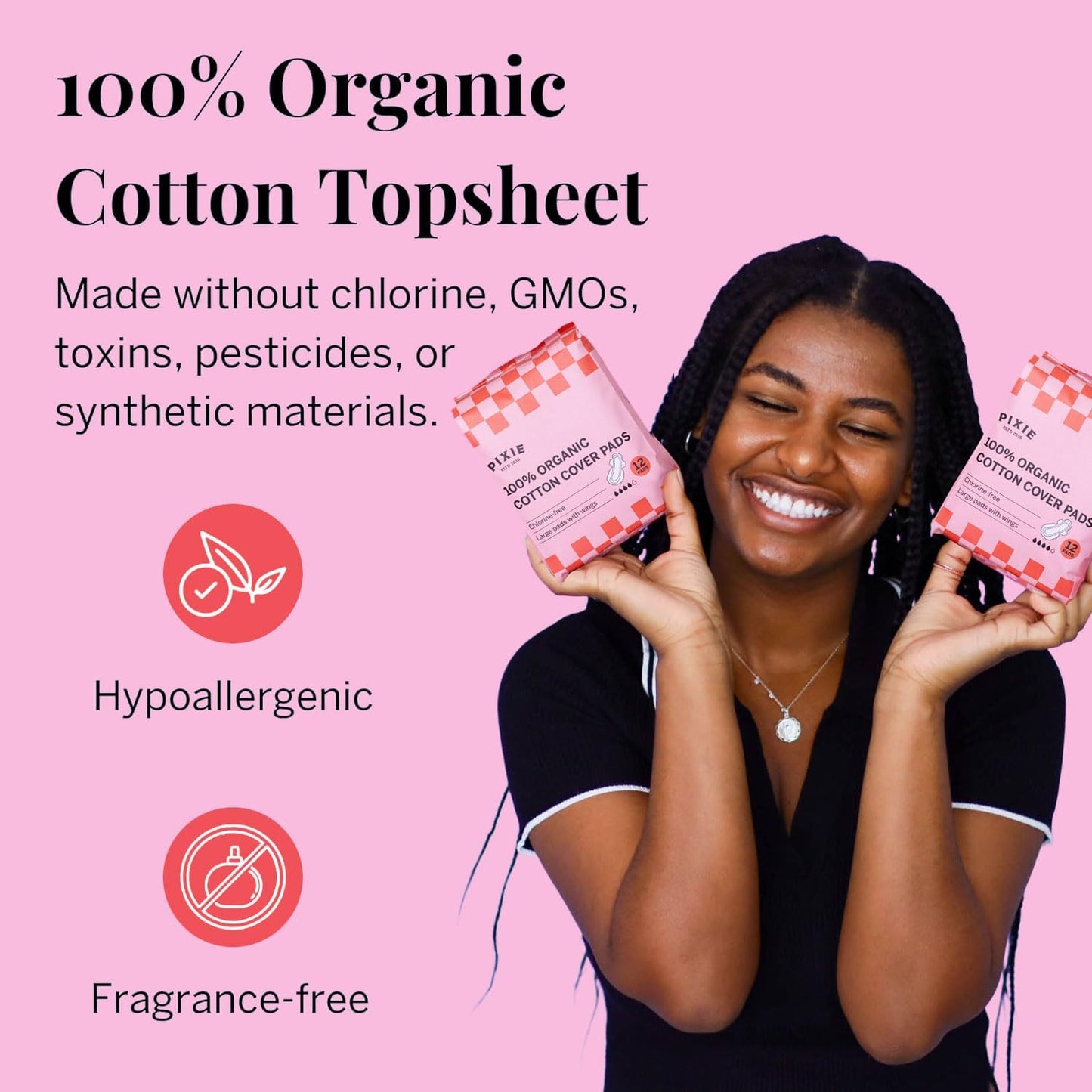 Pixie Organic Cotton Large Pads for Women - Extra Heavy Absorbency with Wings - Leak-Proof