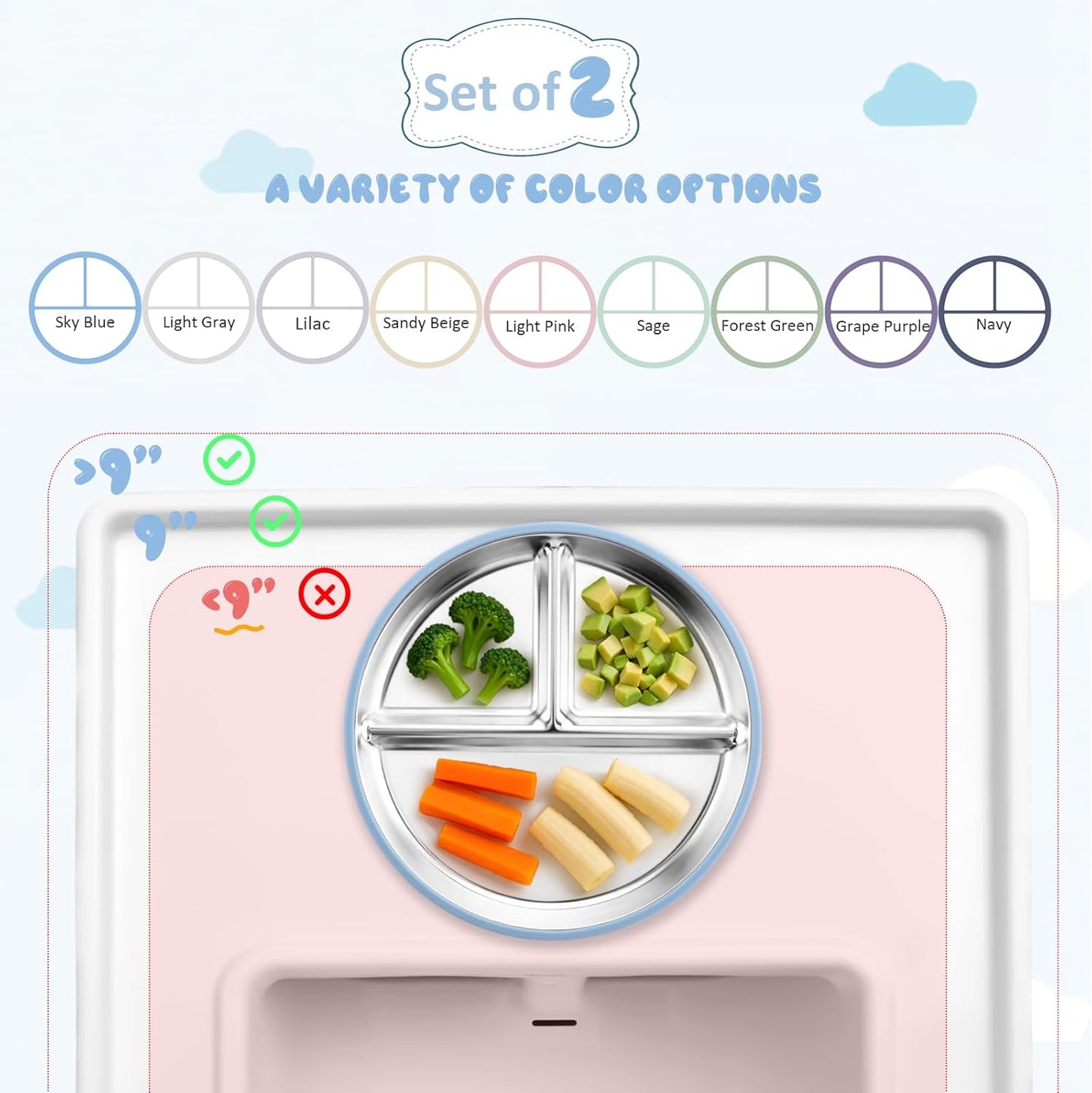 Stainless Steel Toddler Plate with Suction, 9” Divided Plates with Removable Silicone Sleeves for
