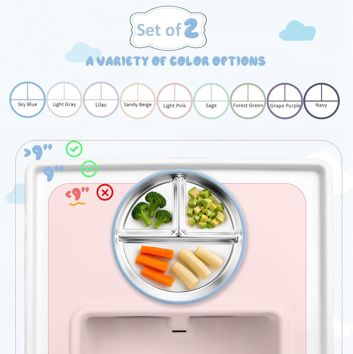 Stainless Steel Toddler Plate with Suction, 9” Divided Plates with Removable Silicone Sleeves for