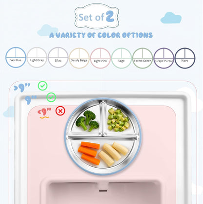 Stainless Steel Toddler Plate with Suction, 9” Divided Plates with Removable Silicone Sleeves for