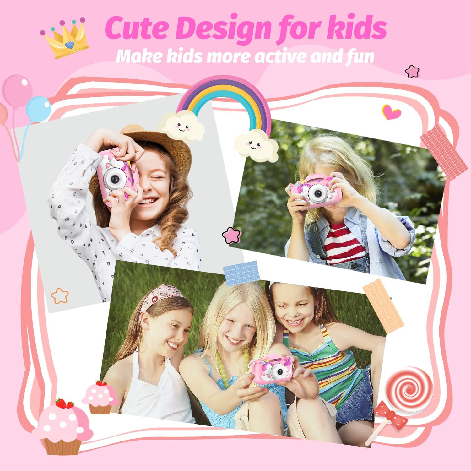 Upgrade Unicorn Kids Camera, Christmas Birthday Gifts for Girls Boys Age 3-12, 1080P HD Selfie