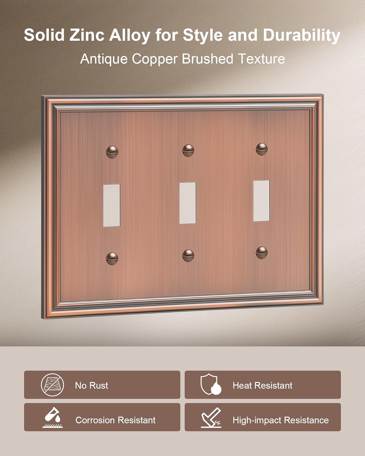 2-Pack Triple Toggle Light Switch Cover Plate, Durable Solid Zinc Alloy Decorative Switch Plate