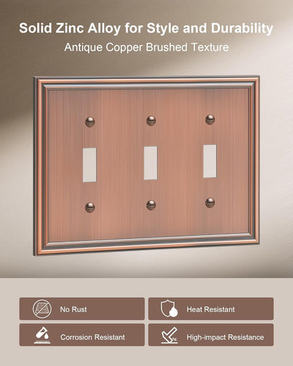 2-Pack Triple Toggle Light Switch Cover Plate, Durable Solid Zinc Alloy Decorative Switch Plate