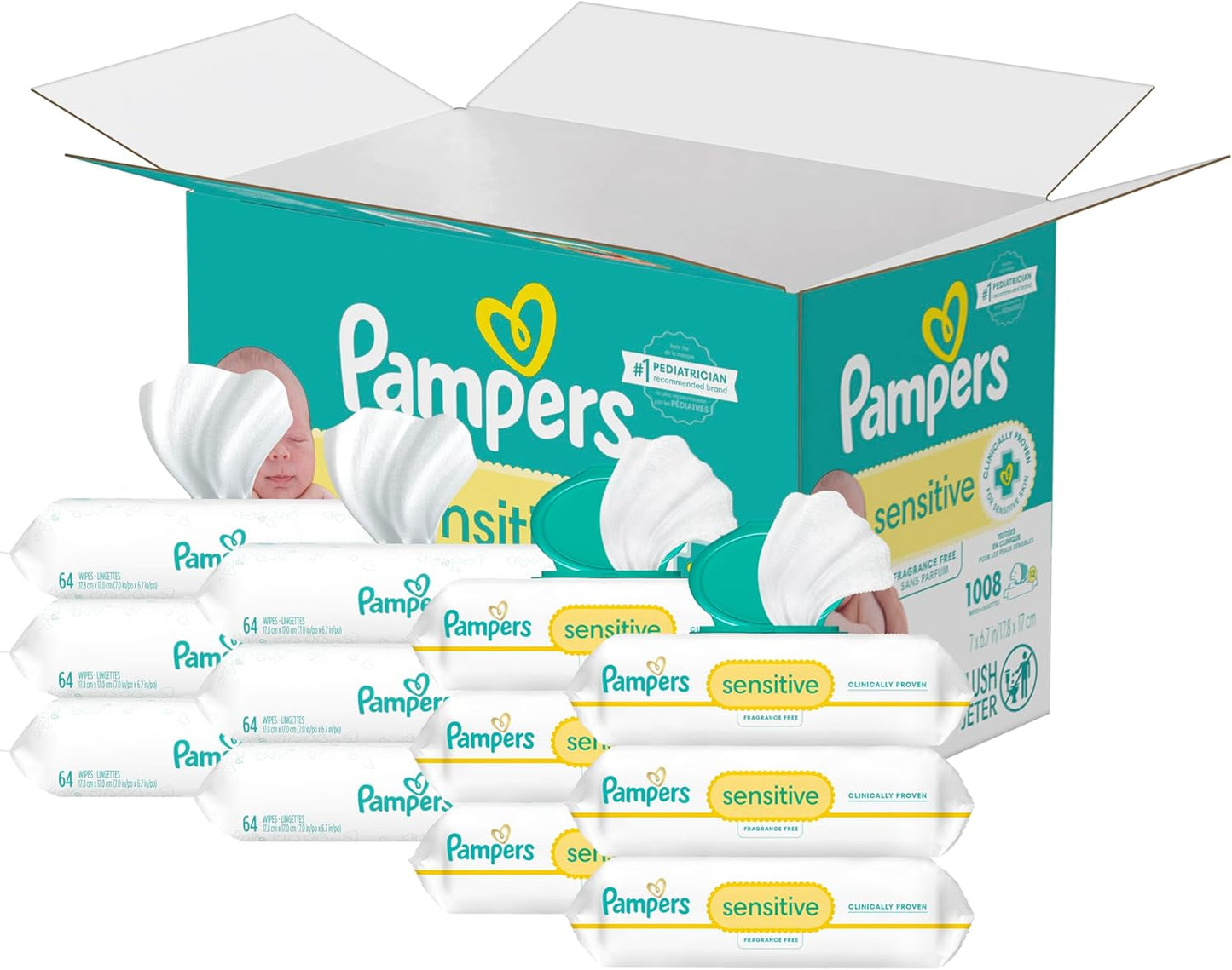 Pampers Sensitive Baby Wipes, Water Based, Hypoallergenic and Unscented, 8 Flip-Top Packs, 4 Refill