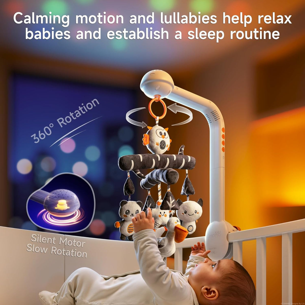 TUMAMA Baby Crib Mobile, High Contrast Baby Crib Toy with Projection Night Light, Music and White