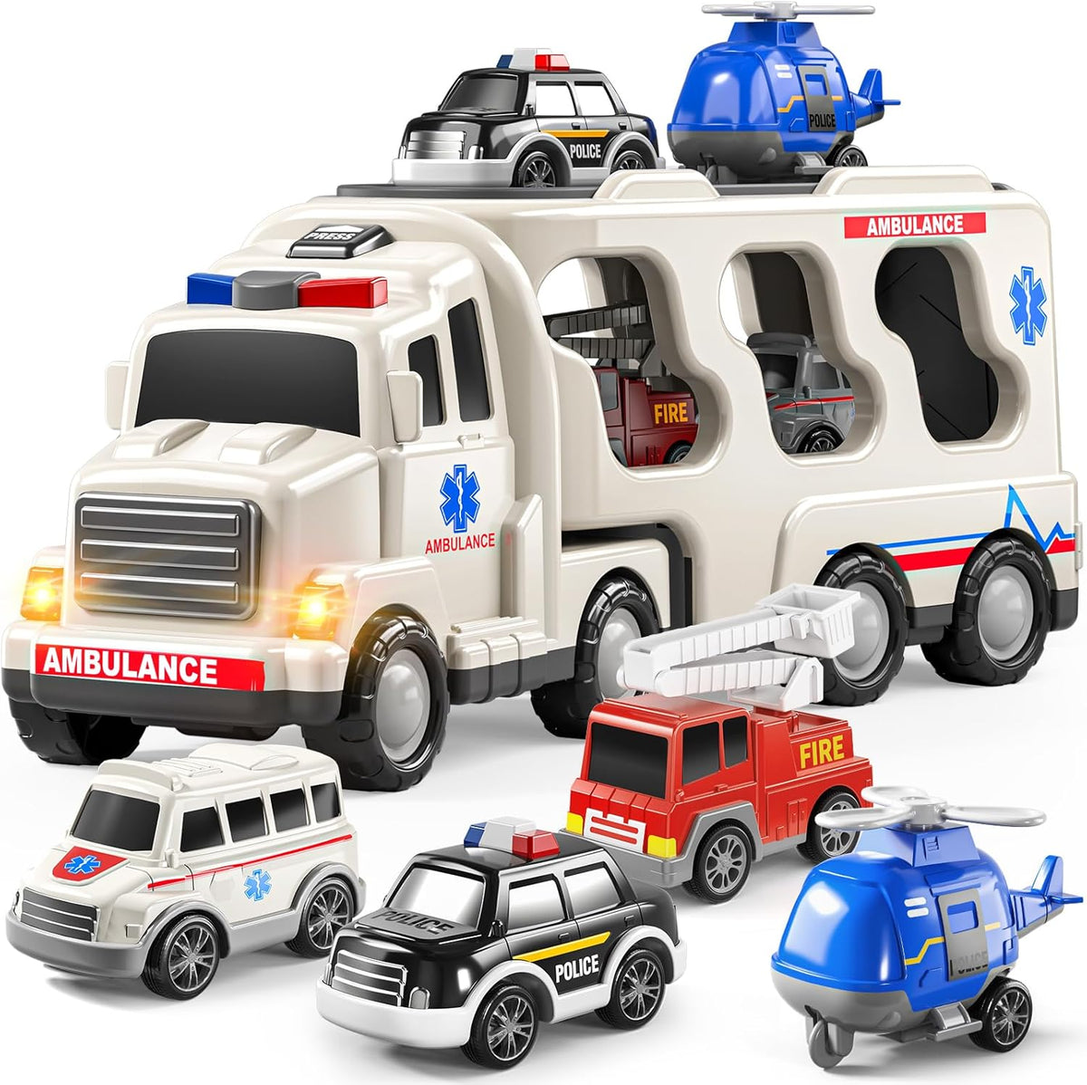 TEMI 5 Pack Ambulance Vehicle Toddler Truck Toys for 3 4 5 6 Year Old Boys, Friction Powered Cars