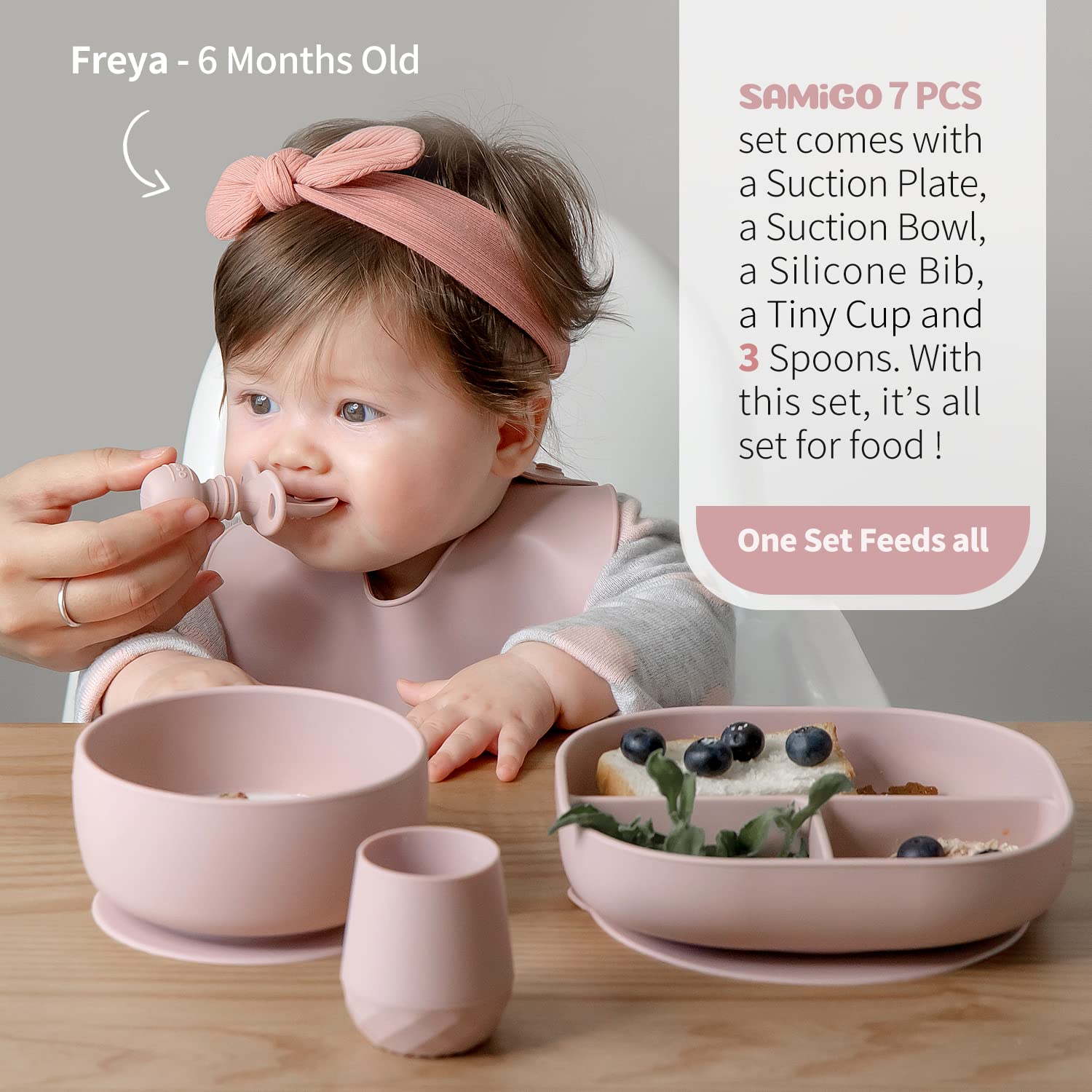 SAMiGO Silicone Baby Feeding Set, Baby Led Weaning Supplies, Suction Bowl Plate Bib Cup Self