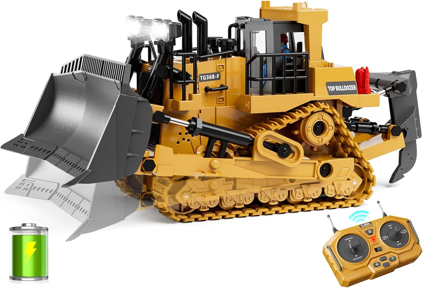9-Channel Metal RC Bulldozer - Realistic Remote Control Kids Construction Play Toys with Lights and