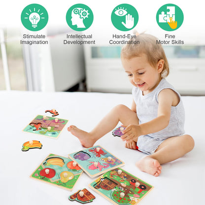Wooden Peg Puzzles for Toddlers 1-3, Kids' Educational Preschool Peg Puzzle Toy, Set of 4 Toddler