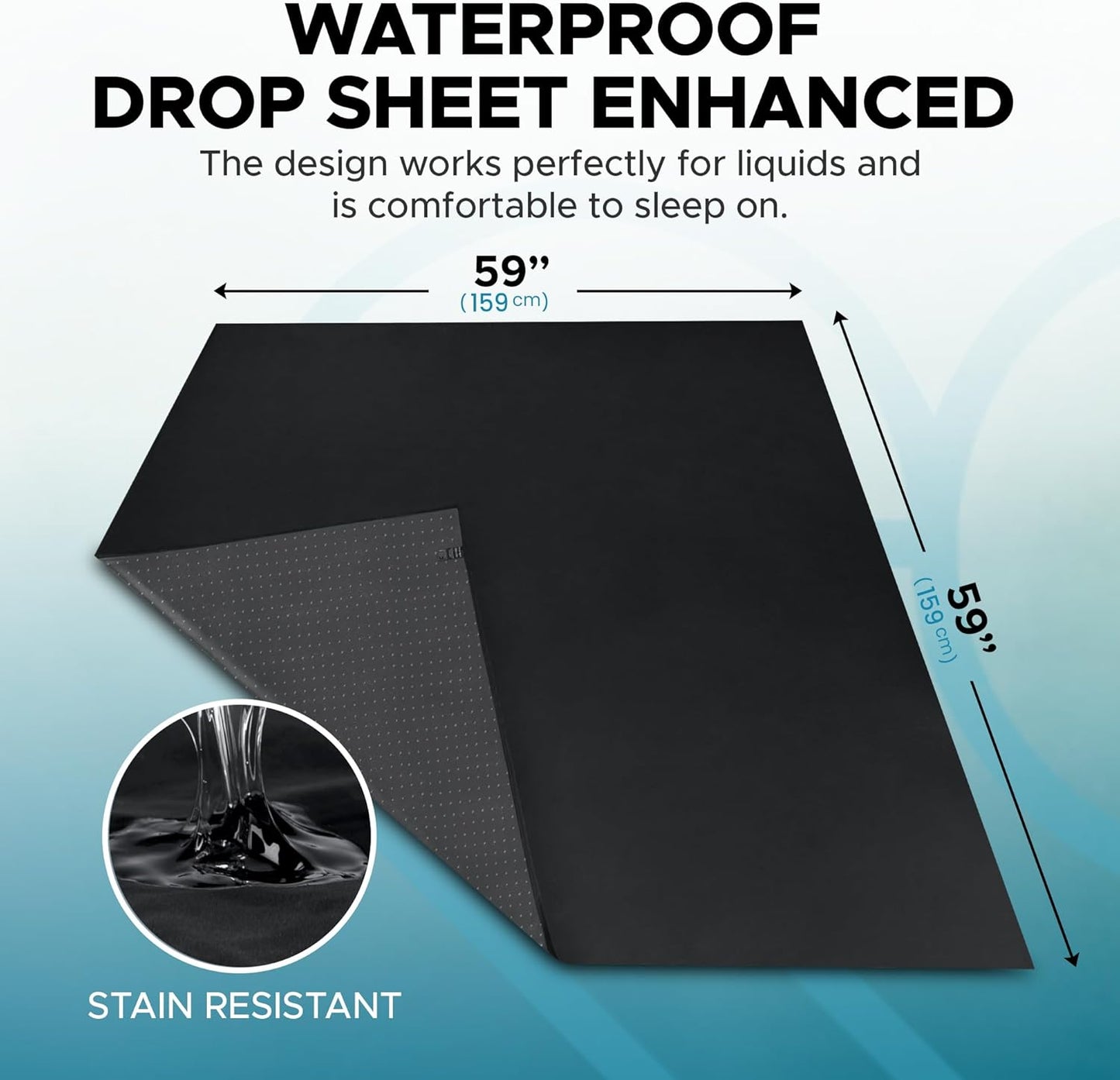 Black Waterproof Flat Drop Sheet (59”x59”), Anti-Slip Mattress Topper with Strengthened Grip