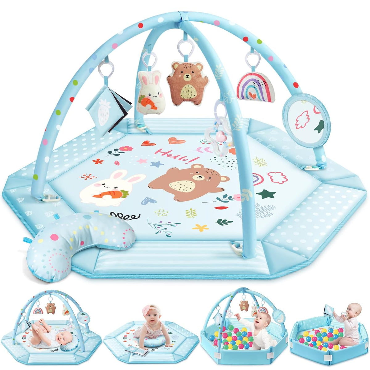 Baby Gym Play Mat, 8-in-1 Tummy Time Mat & Ball Pit with 6 Toys, Washable Baby Activity Mat for