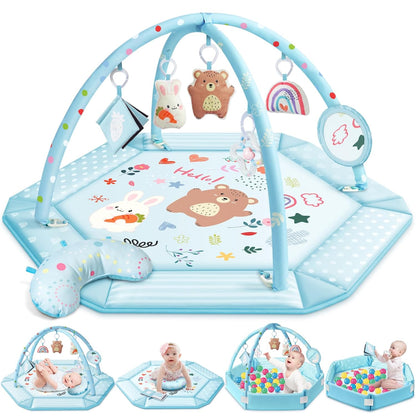 Baby Gym Play Mat, 8-in-1 Tummy Time Mat & Ball Pit with 6 Toys, Washable Baby Activity Mat for