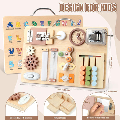 Hoarosall Montessori Busy Board for Toddlers 16-in-1 Wooden Sensory Activity Board with Music Box