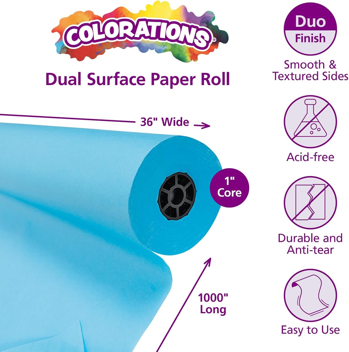 Colorations Arts and Crafts Paper Roll - 36" x 1000', Sky Blue, Dual Surface, Markers, Finger