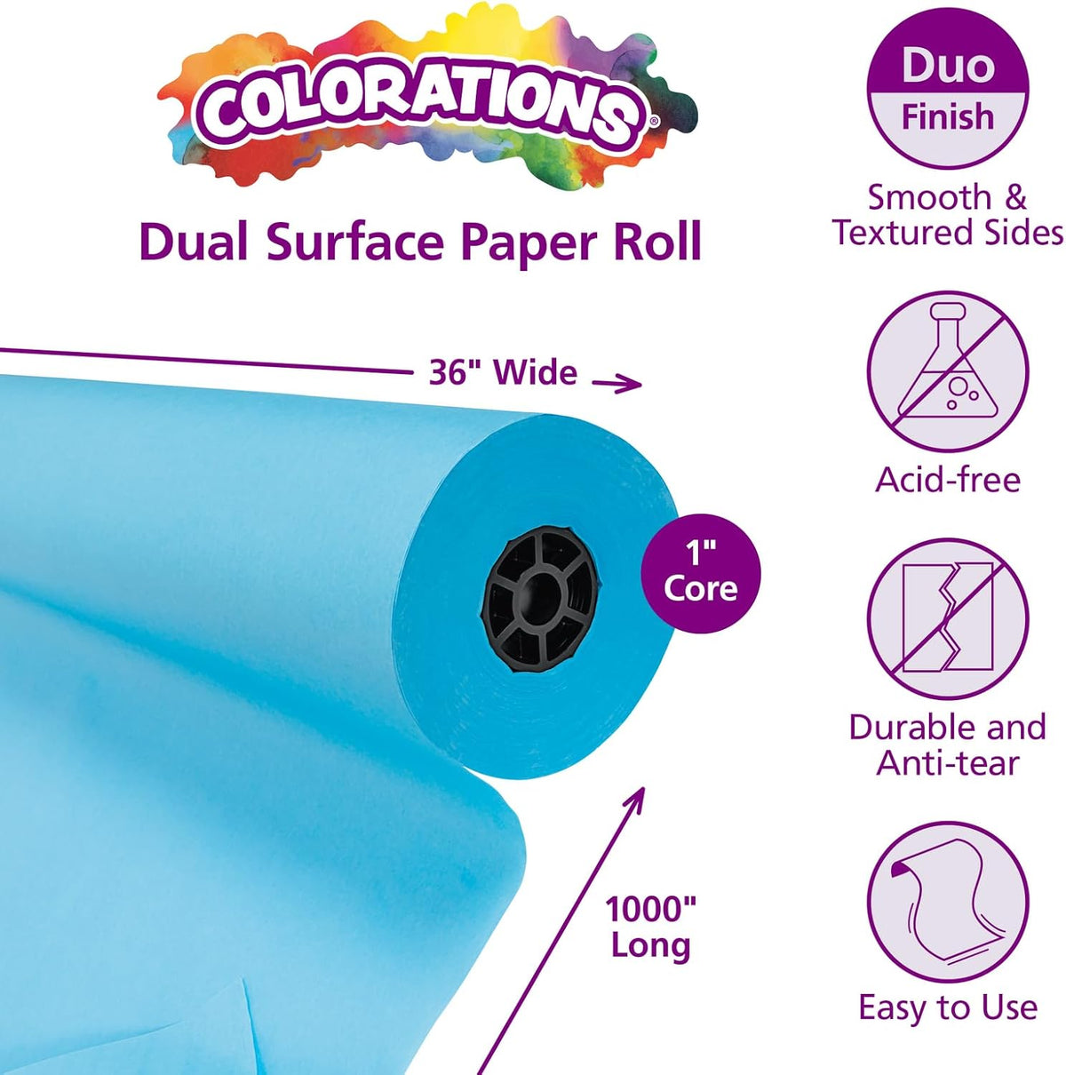 Colorations Arts and Crafts Paper Roll - 36" x 1000', Sky Blue, Dual Surface, Markers, Finger