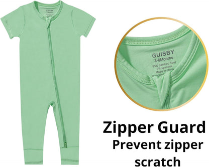 GUISBY Rayon Made from Bamboo Baby Pajamas, Summer Short Sleeve Footless Rompers, 2 Way Zipper