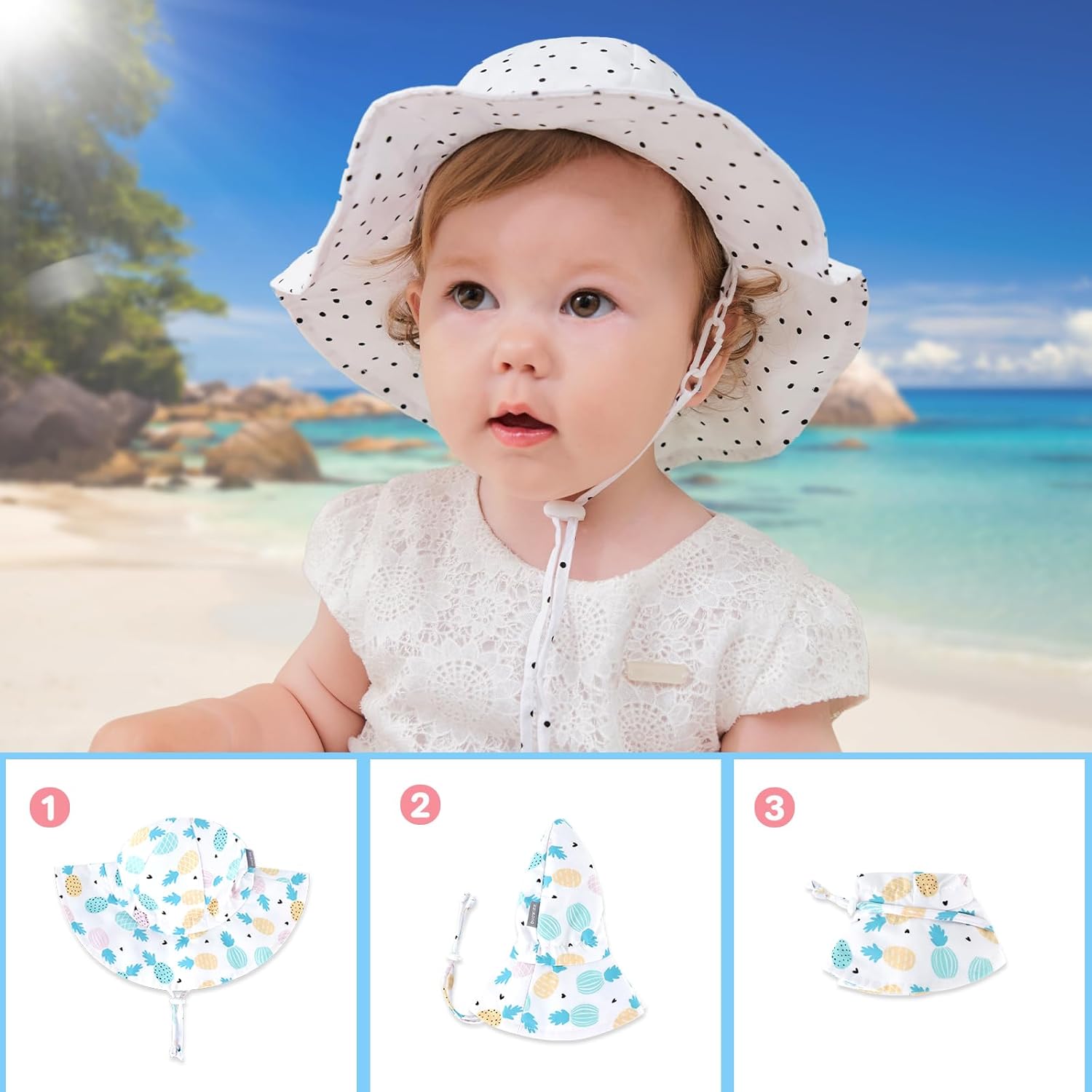 UPF 50+ Baby Bucket Hat - Wide Brim Sun Protection Beach Cap for Girls - Cute & Adjustable Toddler