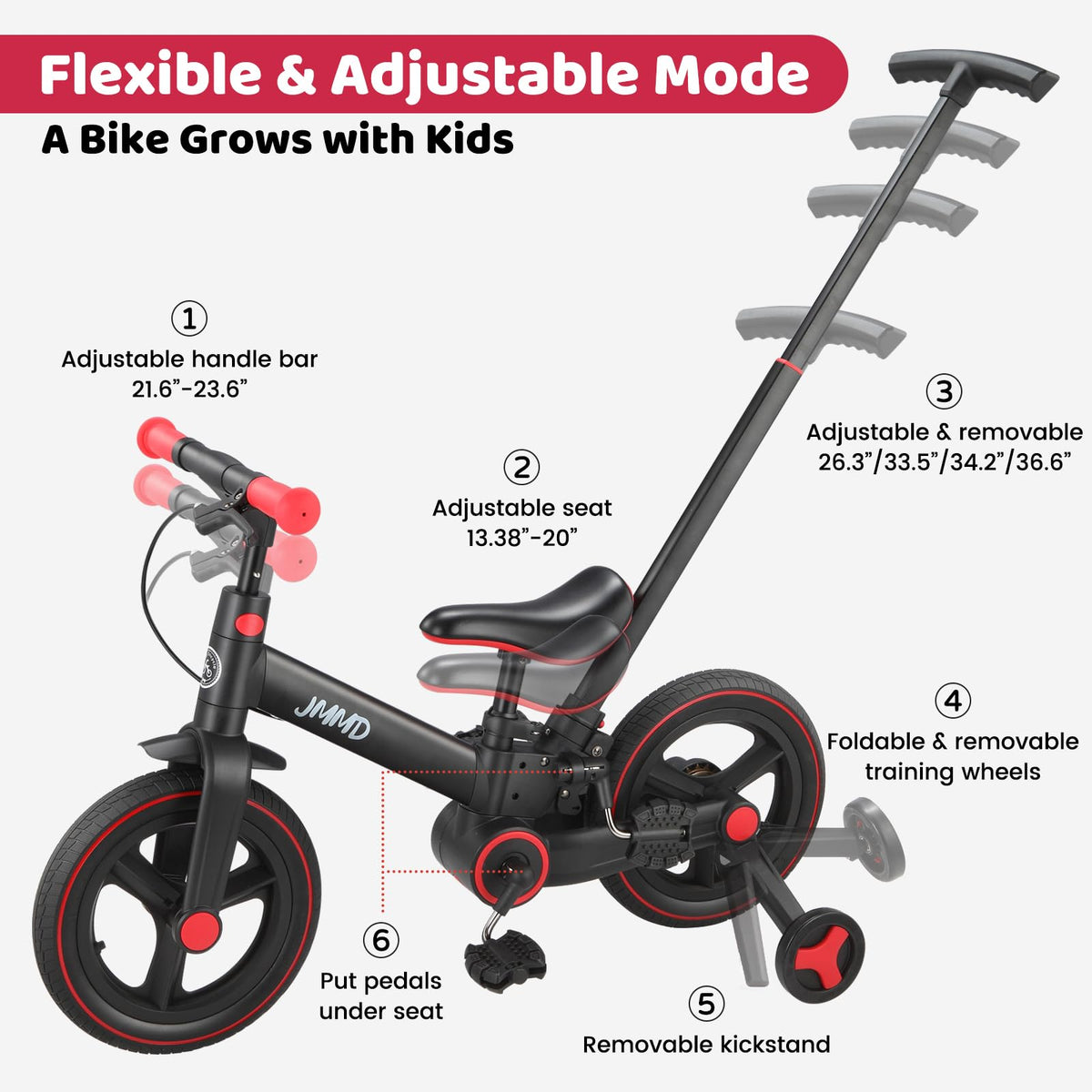 JMMD 6 in 1 Toddler Bike with Push Handle for Kids 18-60 Months, 12" Foldable Balance Bike with