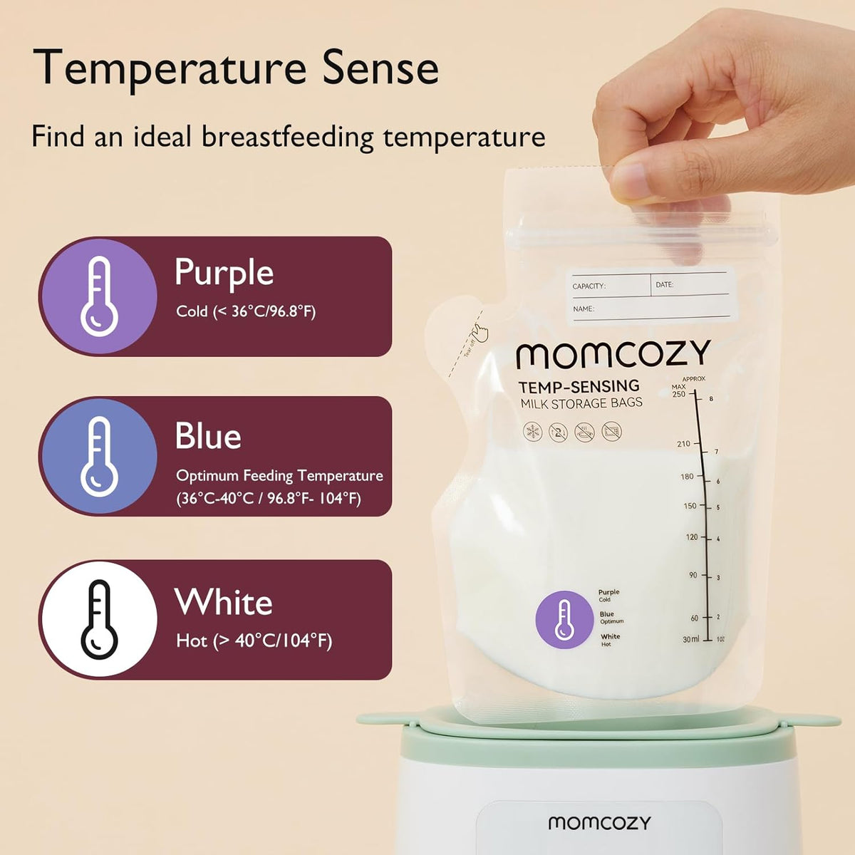 Momcozy Easy Pour Breastmilk Storage Bag, 8Oz, Temp-Sensing Color Change, 200 Count Milk Bag with