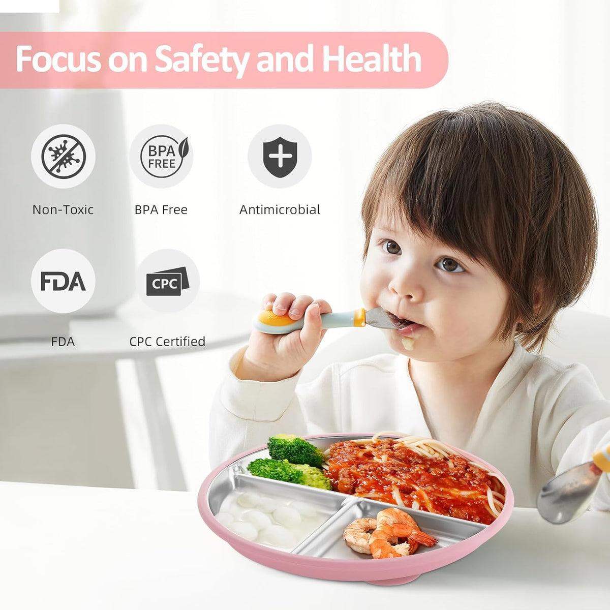 Stainless Steel Suction Plates for Toddlers, 9" Divided Kids Baby Plates with Removable Silicone