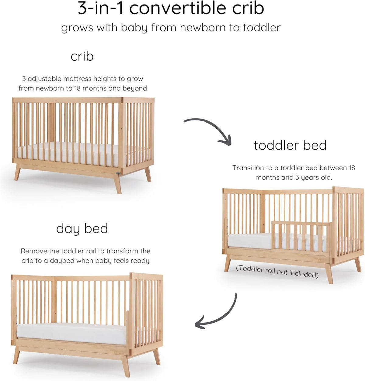 dadada Baby Soho 3-in-1 Convertible Wooden Crib to Toddler Bed - Made in Italy, GREENGUARD Gold
