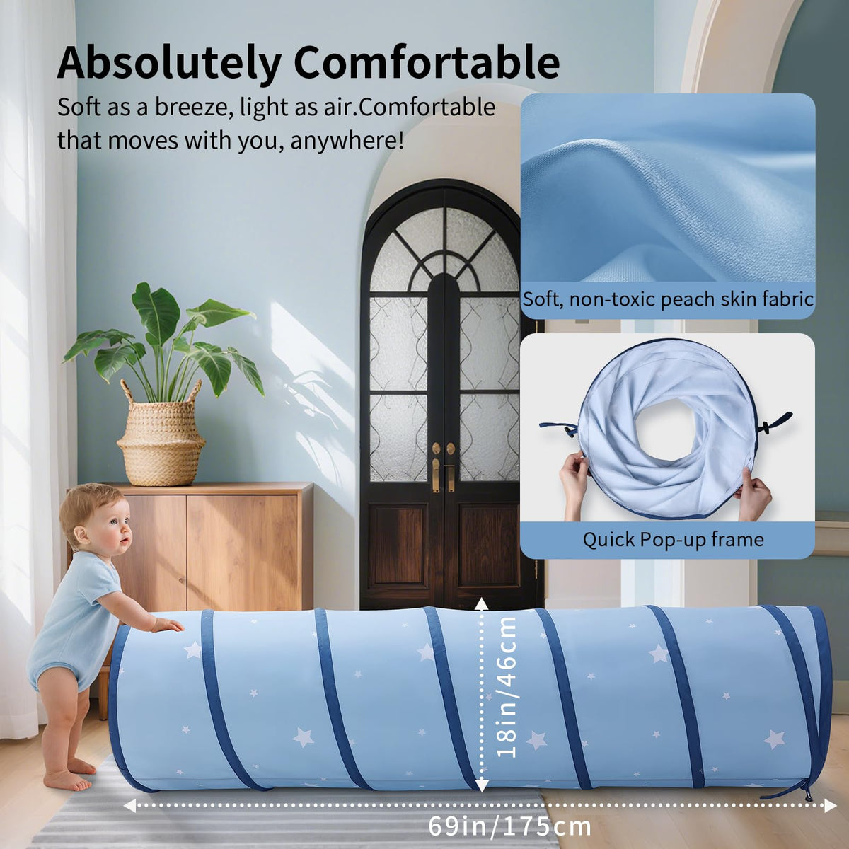SweHouse Toddler Play Tunnel, 69" x 18" Baby Crawl Tunnel for Toddlers 1-3, Soft Fabric Indoor