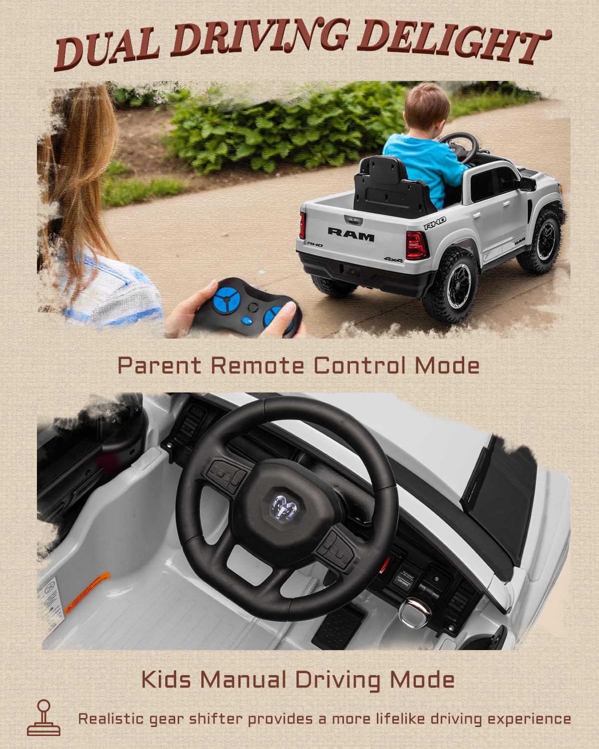 Licensed Ram 1500 RHO 12V Kids Ride on Truck, Toddler Ride on Toys with Remote Control, Children
