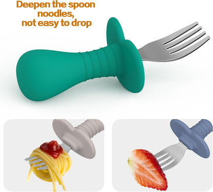 4Pcs Toddler Forks Baby Forks Set - Self-Feeding Utensils with Soft-Silicone Handles, 18/8