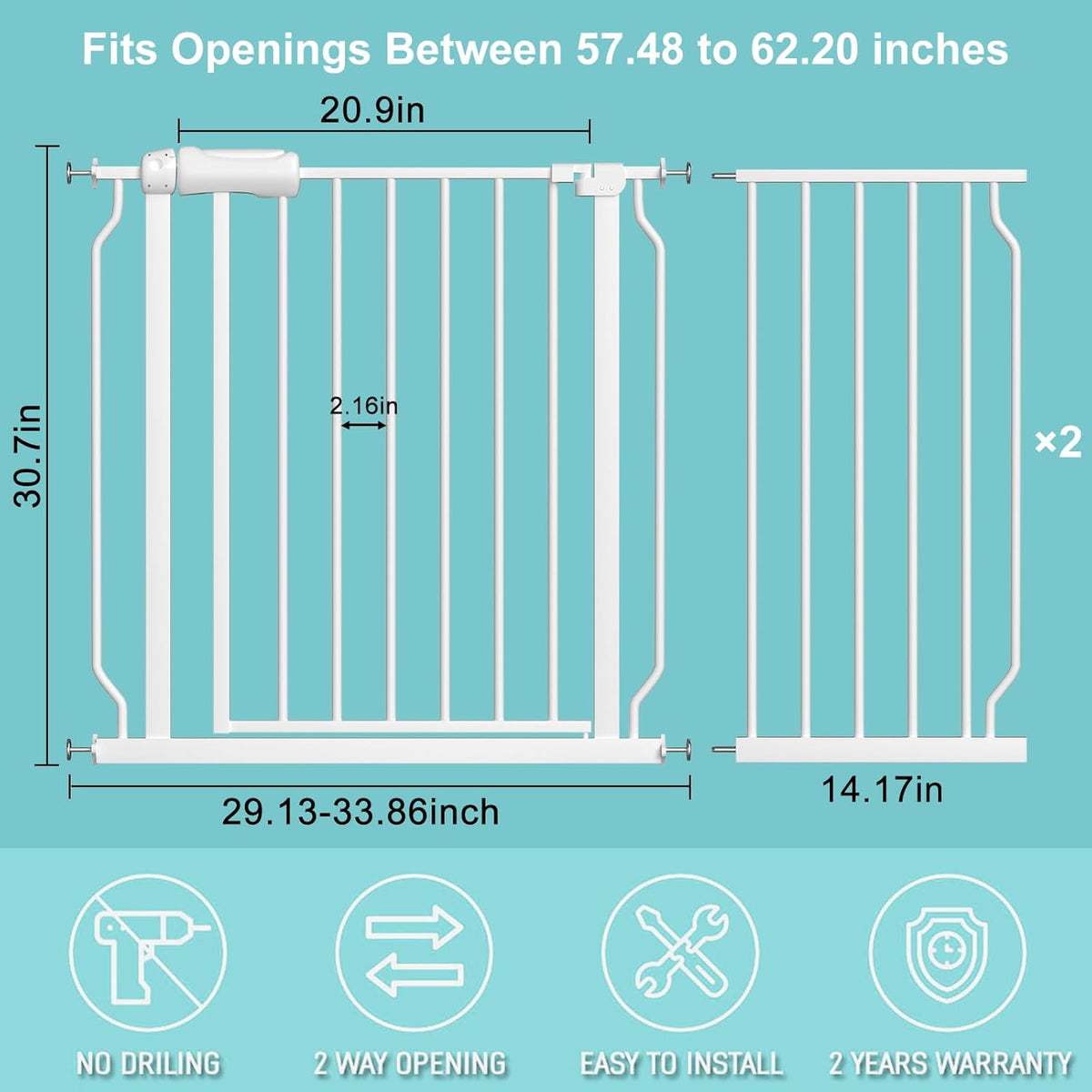 WAOWAO Baby Gate 57.48-62.17" Extra Wide Pressure Mounted Walk Through Swing Auto Close Safety