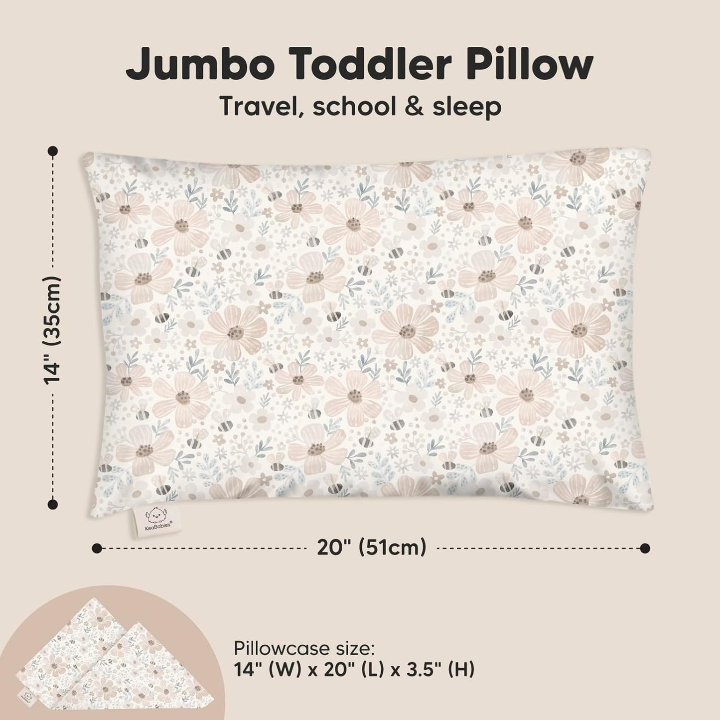 KeaBabies Toddler Pillow with Pillowcase, Jumbo 14X20 - Soft Organic Cotton Toddler Pillows for