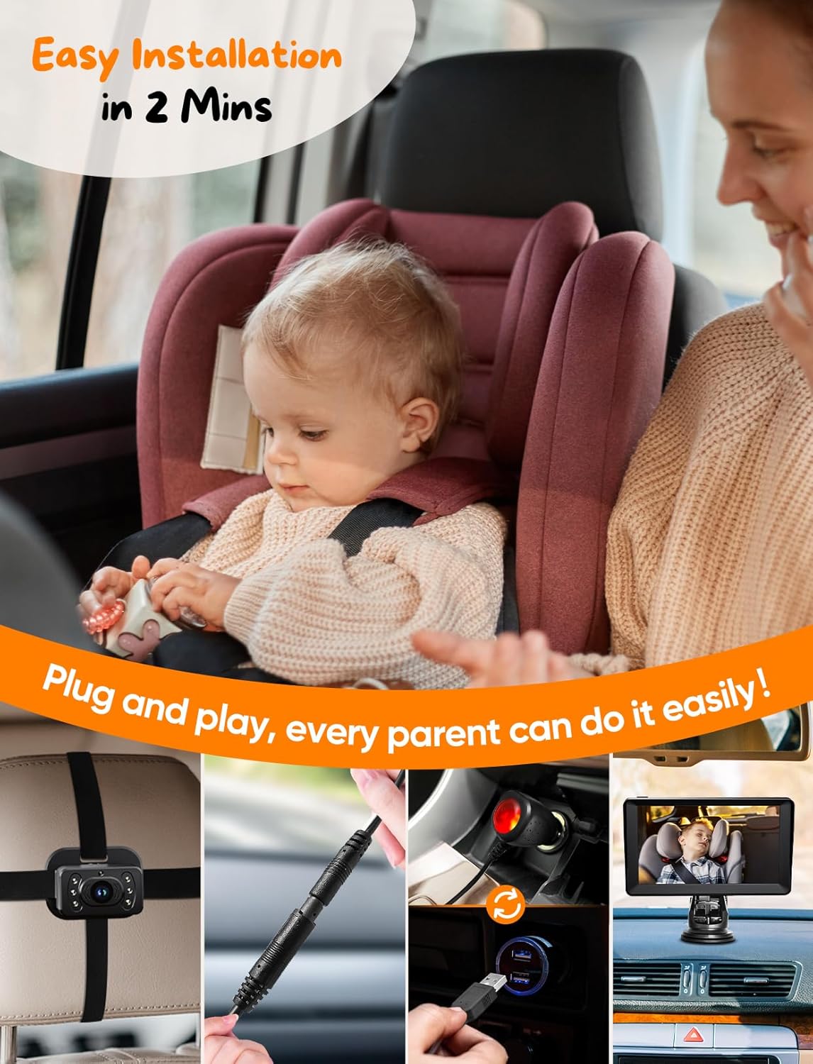 Kidsneed Baby Car Camera 7-Inch Baby Monitor for Car with USB Plug and Play Easy Setup 360 Degree