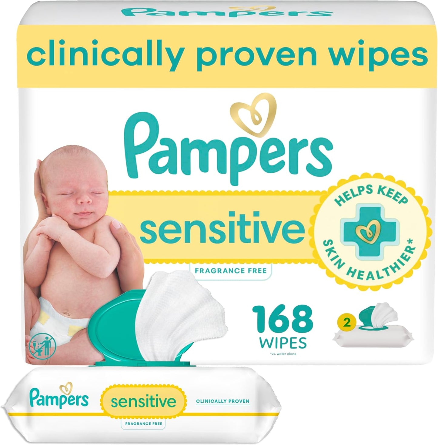 Pampers Baby Wipes Sensitive, Water Based Baby Wipes, Hypoallergenic and Unscented Baby Wipes, 168