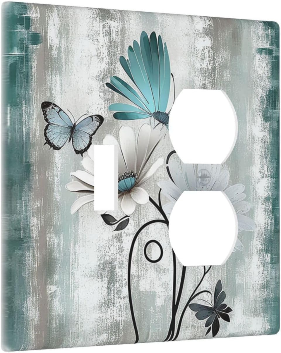 Wallplates Rustic Teal Daisy Floral Flowers Butterfly Wood Grain 1 Toggle 1 Duplex Switch Plate