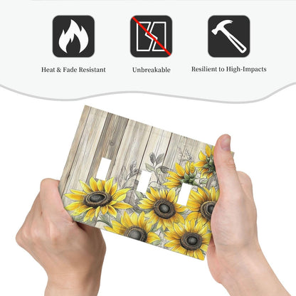 Decorative Switch Plates Floral Sunflower Rustic Flower Vintage Wood 3 Gang Wall Plate Triple