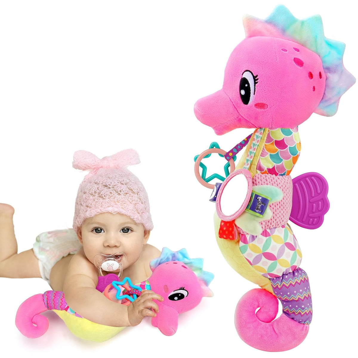Baby Sensory Toys 0-6 3-6 Months Musical Stuffed Animal Plush Pink Seahorse for Infant 6-12 Month
