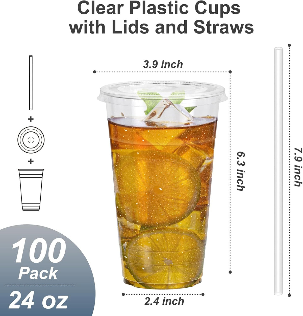 100 Pack - 24 oz Clear Plastic Cups with Lids and Straws, Sturdy & Food Safe Iced Coffee Cups with