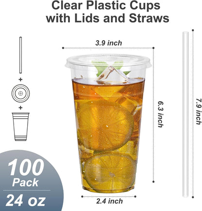100 Pack - 24 oz Clear Plastic Cups with Lids and Straws, Sturdy & Food Safe Iced Coffee Cups with